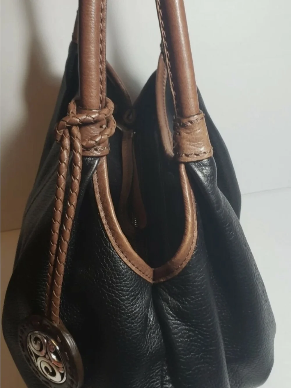 Brighton Black Leather Bag with Brown Leather Medallion and Silver Emblem